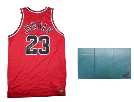 Michael Jordan Signed Chicago Bulls Jersey & Piece of Game Used Floor From NBA Finals - LE 214/230 (UDA)